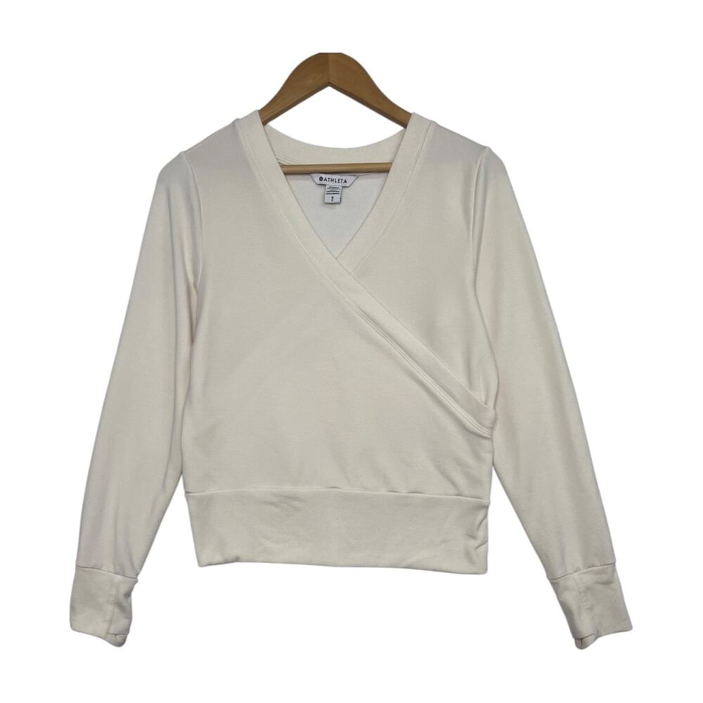 Athleta Recharge Sweatshirt Womens Small Ivory V Neck Faux Wrap Soft Yoga Cozy
